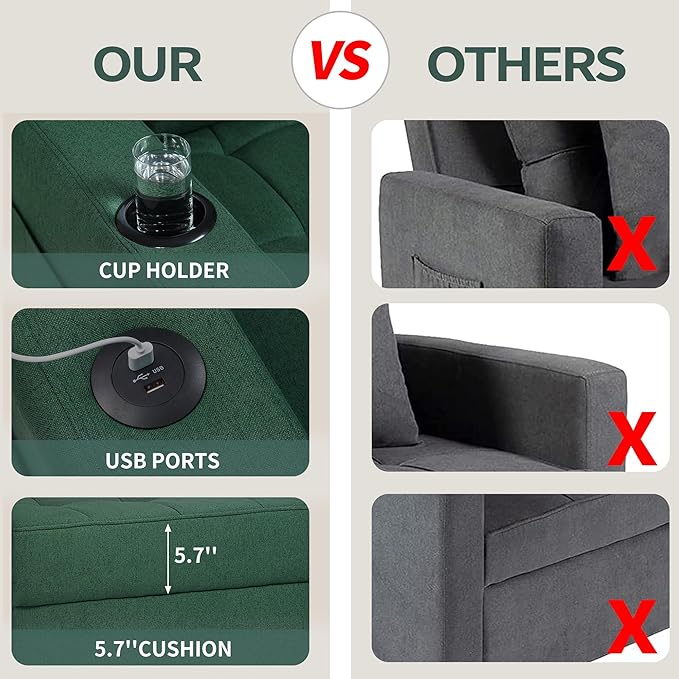 DURASPACE Futon Sofa Bed 3 in 1 Convertible Sofa Chair Bed Adjustable Backrest Chair Chaise Lounge with USB Ports Cup Holder Side Pocket Storage Box (Green)