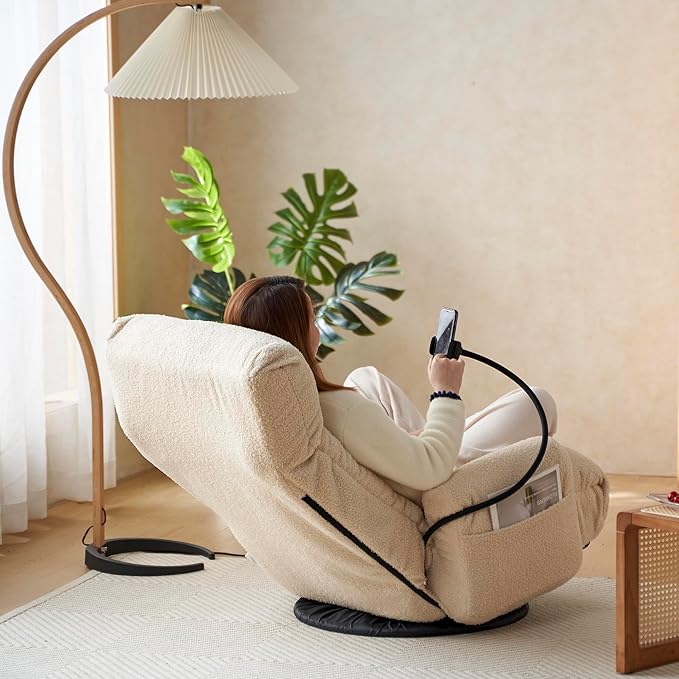 Gwen Upholstered 360° Swivel Chair Lounge Chair with Adjustable Backrest/Headrest Metal Frame Living Room Lounge Sofa and Phone Holder Comfy Bean Bag Chair Beige