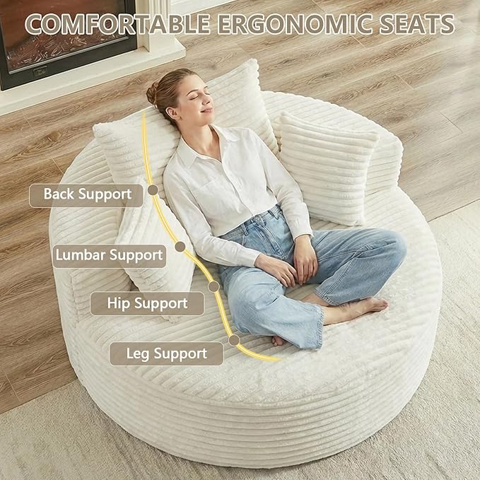 55 L Corduroy Sponge Single Sofa Oversized Round Chair Fluffy Modern Sleeper Chairs for Living Room Lounge and Projection Room Wide Armrest Lounge Chairs Armchair with Pillow White