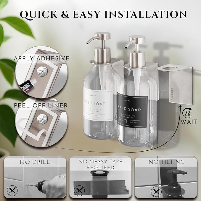Shower Shampoo Dispenser Wall Mounted – 3 Refillable 16.9 oz Clear Bottles with Stainless Steel Pumps &amp No-Drill Adhesive Holders – Soap Dispenser Set for Bathroom (3 X Clear/Silver)