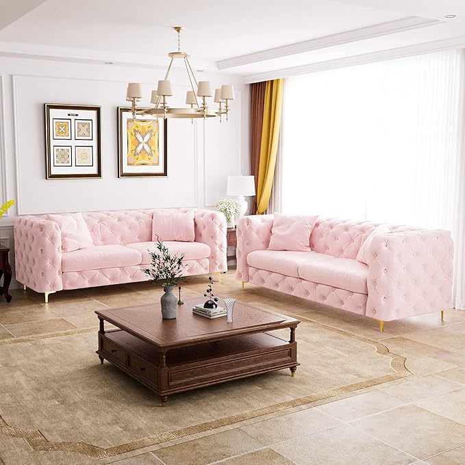75 Sofa Couch Mid Century Modern Velvet Couch Tufted Button Sofa High Armrest &amp Metal Gold Legs Luxury Chesterfield Decor with 2 Piilows Comfy Loveseat for Living Room Pink