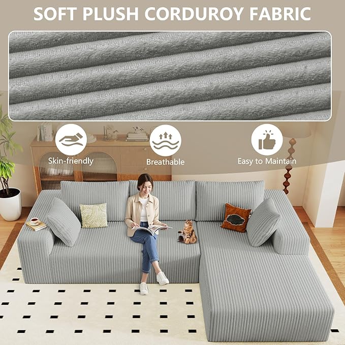 96 Cloud Sectional Couch with L-Shaped Chaise Modern Corduroy Sectionals Couches with Deep Seat Boneless Sofa 3 Seater for Living Room No Assembly Required (Light Grey Right Facing Chaise)
