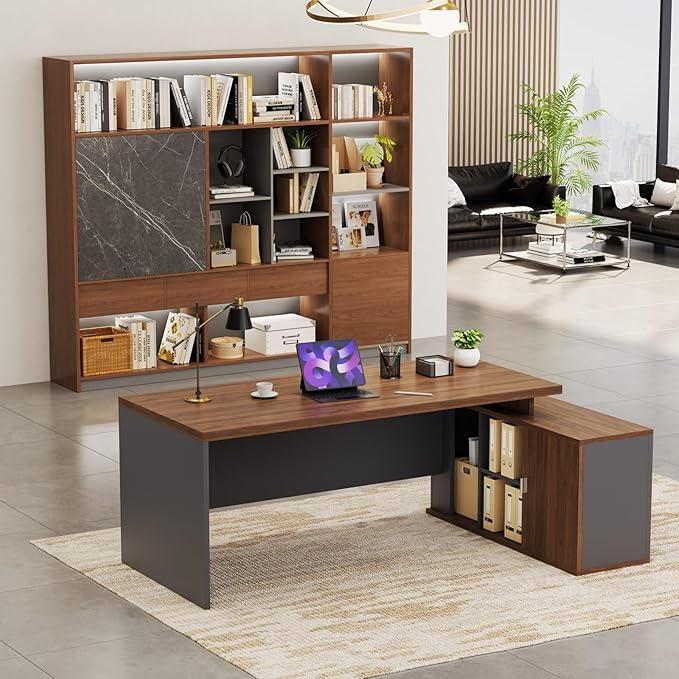 70.8 L-Shaped Executive Desk with File Drawers and Storage Cabinet Modern Large Office Desk Computer Workstation Walnut &amp Gray (Walnut &amp Gray 70.87IN)
