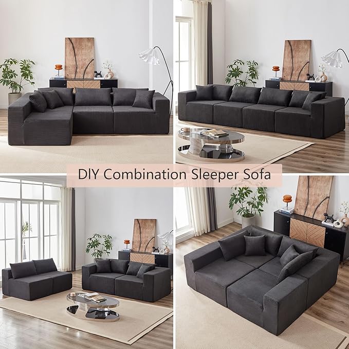 104” Modular Sectional Sofa Cloud Sectional Couch with Deep Seat Modern Modular L-Shape Sofa Couch with Chaise Upholstered Couches Sleeper Sofa Bed for Living Room Bedroom (Corduroy Black)