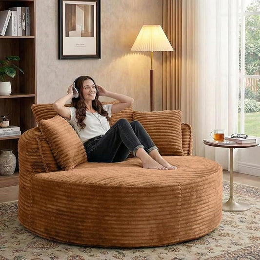 54-inch Oversized Round Chaise Longue Chair Indoor Modern Upholstered Corduroy Deep Seat Circle Cloud Chair Single Boneless Reading Chair for Living Room Bedroom Apartment Orange