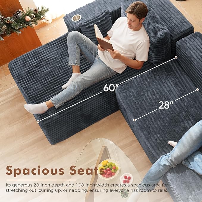 ELUCHANG Oversized 108” Boneless Couch Comfy Cloud Modular Sectional Sofa L-Shape Sofa with Chaise Memory Foam Upholstered Couch for Living Room Bedroom No Assembly Required Corduroy Blue