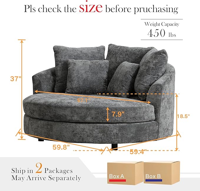 Aoiy &amp Wifon 59.8 W Oversized Barrel Chair Round Accent Chair with Wheels Extra Large Living Room Chair Knitted Chenille Charcoal