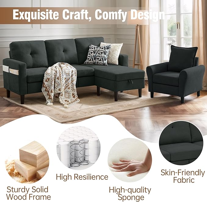 2PCS Sectional Couch Set 3 Seat Sofa and Chair Set with Side Pockets &amp Movable Storage Ottoman Modern Convertible Fabric Corner Lliving Room/Office Sofa Set (3+1Seat/ Black)