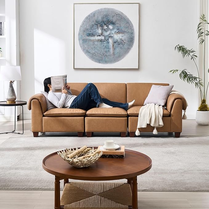 97 Inches Cloud Modular Sectional Sofa 3 Seater Faux Leather Couch Modern Convertible Comfortable Sofa Couch for Living Room/Apartment PU Brown