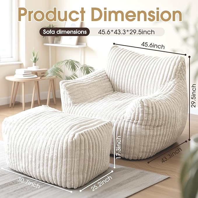 Giant Bean Bag Chair with Ottoman Oversized Plush Comfy Bean Bag Sofa for Adults and Kids Memory Foam Mini Couch Single Lounges for Living Room Bedroom &amp Game Room(Beige)
