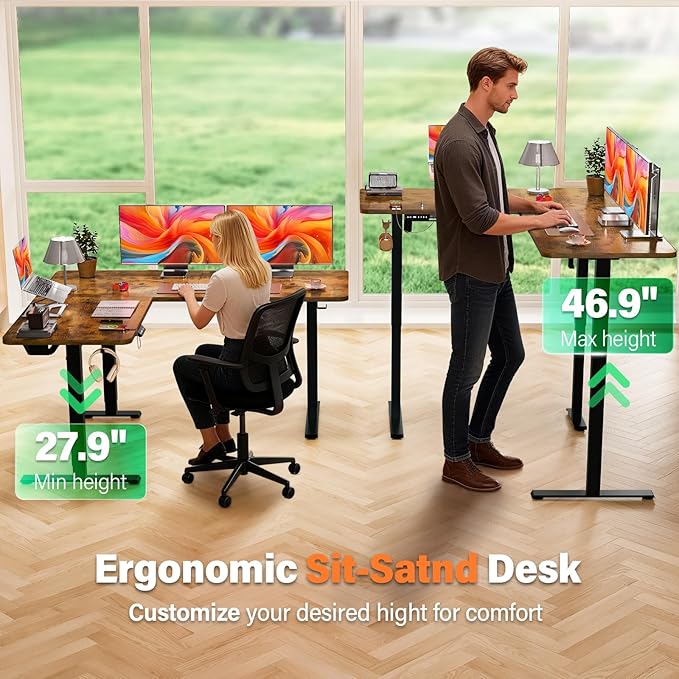 Kingant L-Shaped Standing Desk 63 x 55 Inch Large Adjustable Corner Desk with Charging Station Electric Sit Stand Up Computer Desk for Home Office(Rustic Brown)