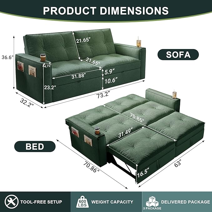 Sleeper Sofa Bed Queen Size Sofa Bed Convertible Pull Out Couch with Adjustable Backrest USB Port and Side Pockets Modern 2 Seater Small Couches for Living Room Space-Saving