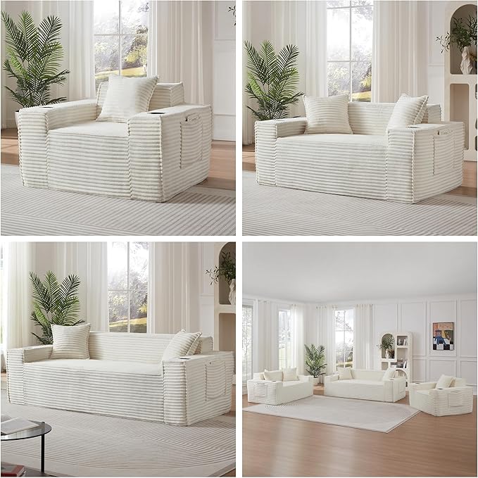 Boneless Sectional Sofa 3 Piece Set with Cup Holders &amp Side Pockets Modern Corduroy Fabric Deep Seat Cloud Couch Living Room Office No Assembly (White)