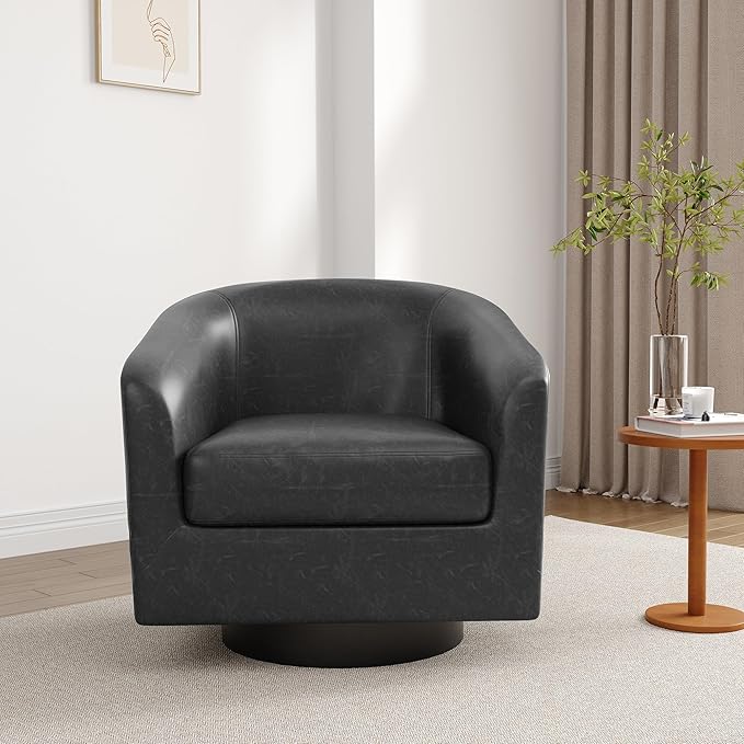 Lumibee Faux Leather Swivel Barrel Chairs Upholstered Comfy Round Swivel Accent Chair 360° Rotation Single Sofa Club Armchair for Living Room Reading Room Bedroom Black