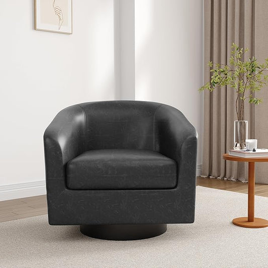 Lumibee Faux Leather Swivel Barrel Chairs Upholstered Comfy Round Swivel Accent Chair 360° Rotation Single Sofa Club Armchair for Living Room Reading Room Bedroom Black