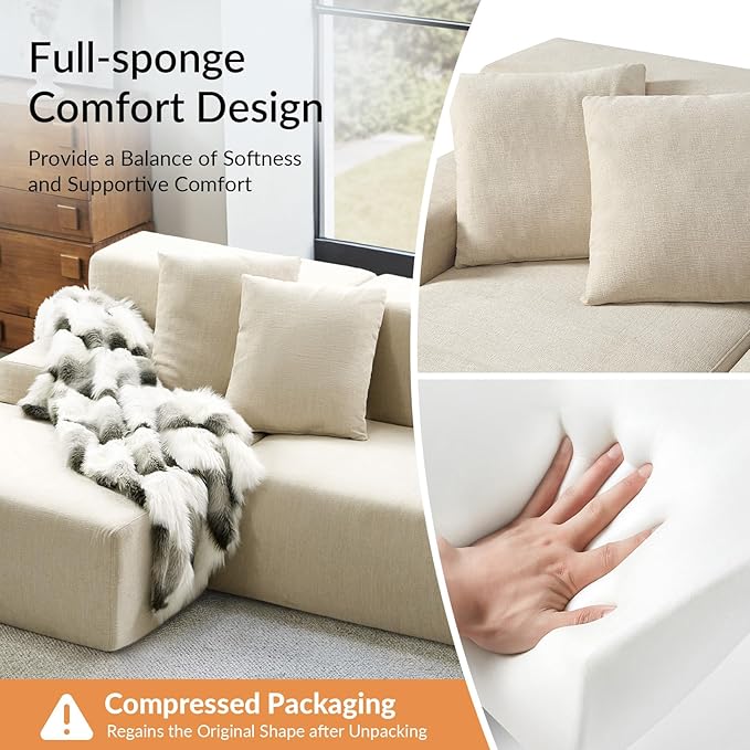 EcoHarbor Living 111 2-Piece Sectional Couch with L-Shape Chaise Modular Cloud Sofa with Deep Seat No Assembly Required Oversized Modern Upholstered Couches for Living Room Apartment Lounge Beige