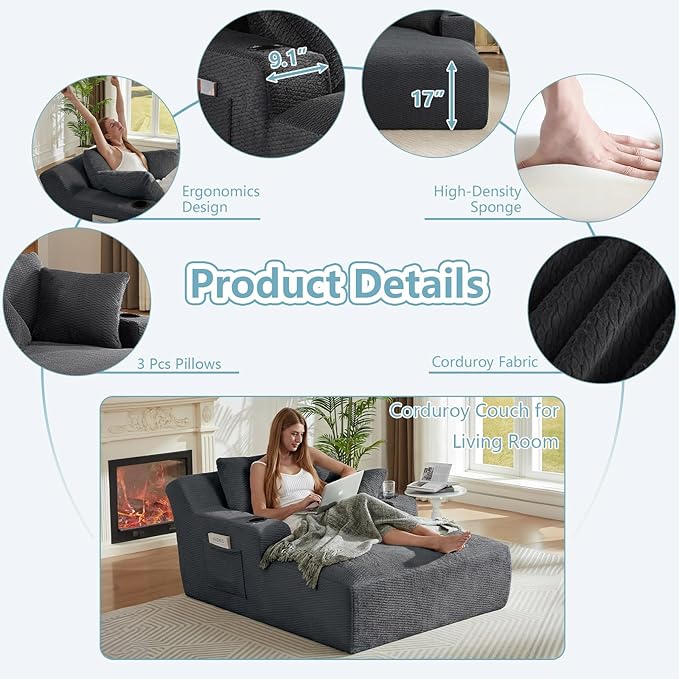 49.2Oversized Chaise Lounge Chair IndoorFaux Fur Boneless Reading Chair with Cup Holder&ampSide PocketsCloud Sofa BedComfy Modern Sleeper Chairs in Box for Living RoomNo Assembly(Dark Grey)