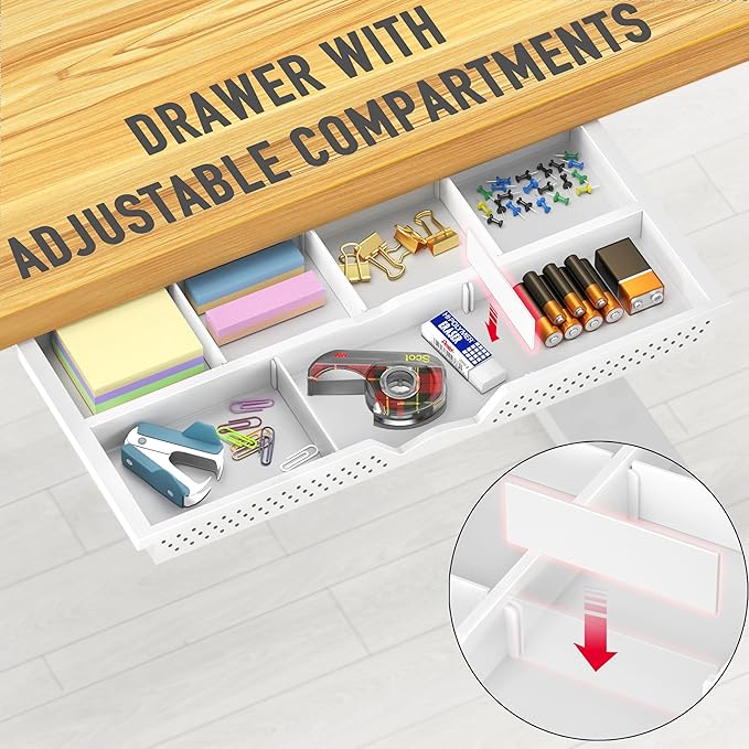 SHW 40-Inch Mobile Electric Height Adjustable Sit to Stand Desk with Drawer Hanging Hooks and Cable Management Oak