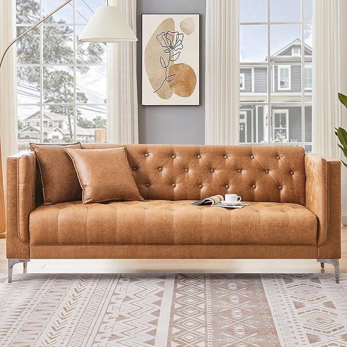 HIFIT 2 Piece Sofa Set for Living Room Modern Sofas Couches with 2 Pillows Button Tufted Couch with Extra Deep Seats 3 Seat Sofa for Apartment Lounge Brown