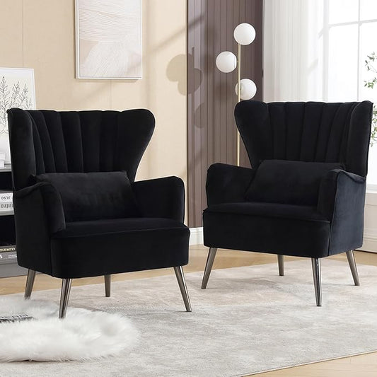Modern Accent Chairs Set of 2 Comfy Wingback Armchair with Pillow Upholstered Shell Chair Reading Chair for Bedroom Living Room Small Spaces Black