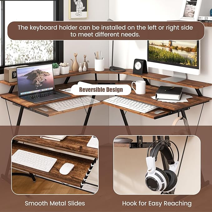 Giantex L Shaped Computer Desk with Power Outlet 51 Corner Computer Desk with Monitor Stand and Reversible Keyboard Tray Modern Gaming Desk with Hook Home Office Desk Workstation (Rustic Brown)