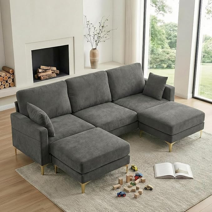 VINGLI 100 W U Shaped Couch with Ottoman 22 Deep Seat Comfortable Sectional Couches for Living Room 3 Seater Chenille Fabric Cloud Sofa for Apartment Small Spaces Bedroom Grey