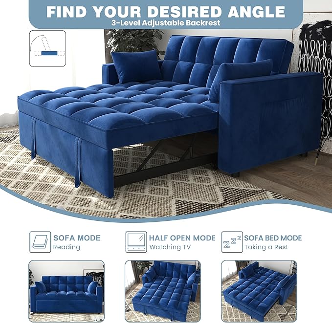 Sleeper Sofa Couch Bed 55.9'' Convertible Velvet Loveseat 3 in 1 Pull Out Sofa Bed with Toss Pillows Pockets Furniture for Living Room Blue