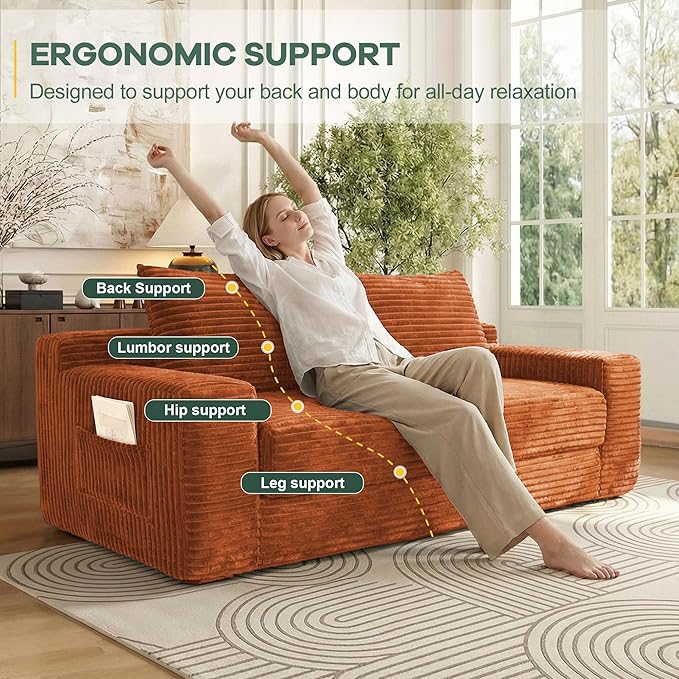 73 Convertible Sofa Bed 2 in 1 Folding Couch Bed Boneless Couch in a Box Cloud Loveseat Sleeper Fold Out Comfy Floor Futon Sofa with 2 Pillows for Living Room Bedroom No Assembly (Orange 73)