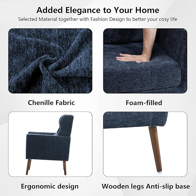 Modern Accent Chair Chenille Fabric Upholstered Tufted Side Chair Wingback ChairMid Century Reading Armchair with Waist Pillow Backrest for Living Room Bedroom (Dark Blue)
