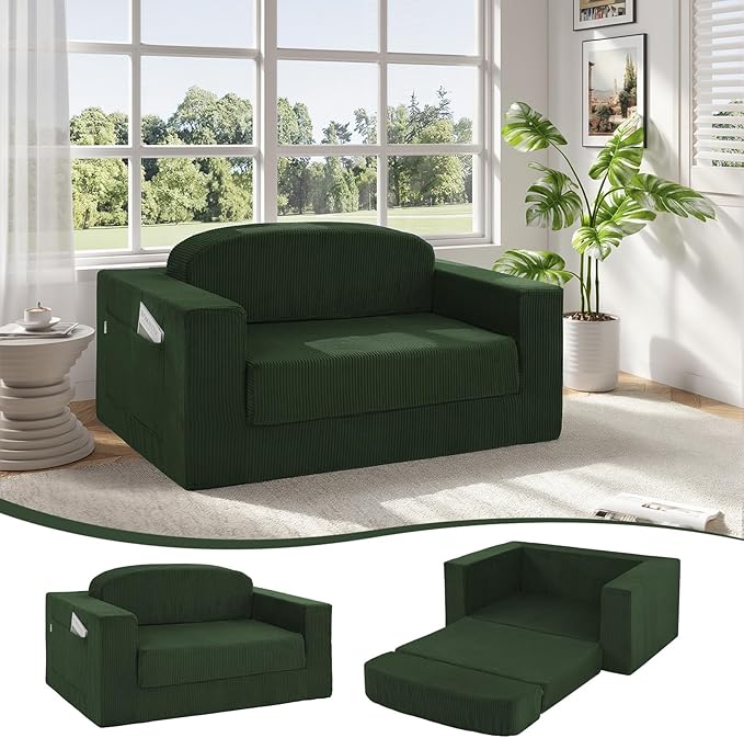 MeMoreCool Green Corduroy Fold-Out Loveseat Sofa Bed – Boneless Convertible Floor Couch with Foam Compact Sleeper Futon with Washable Cover No Assembly Required for Small Spaces &amp Bedroom