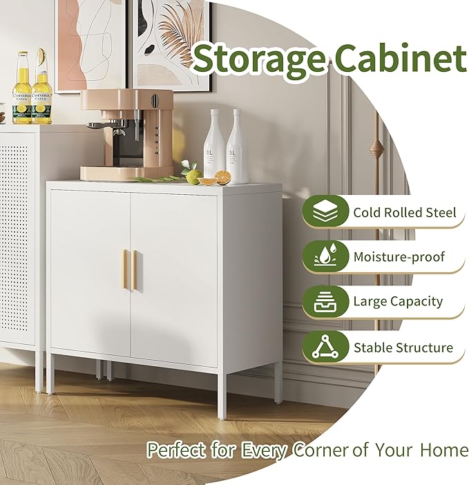 DShade Sideboard Cabinet Cold-Rolled Steel Storage Cabinet with 2 Doors &amp 2 Adjustable Shelves Garage Storage Cabinet Metal File Cabinet for Home Office School Gym (White)