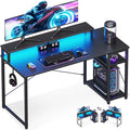 MOTPK 48 Inch Gaming Desk with Storage &amp Led Lights Computer Desk with Shelf Reversible Gamer Desk with Monitor Stand Carbon Fiber Texture Black