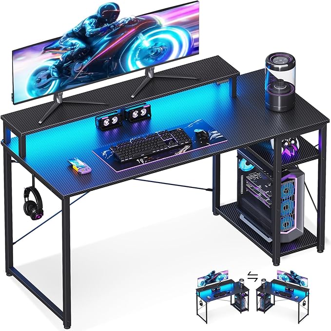 MOTPK 48 Inch Gaming Desk with Storage &amp Led Lights Computer Desk with Shelf Reversible Gamer Desk with Monitor Stand Carbon Fiber Texture Black