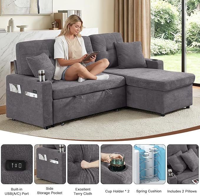82 L Shaped Sleeper Sofa Bed: Sectional Sleeper Couch with Pull Out Bed Storage Chaise USB Charging &amp Cup Holder 3 Seat Sectional Sofa Bed with Throw Pillow (Terry Cloth - Grey)