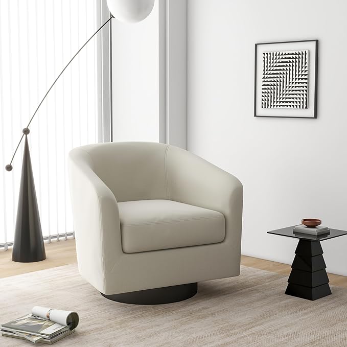 Swivel Barrel Accent Chair Modern Round Linen Arm Chair for Living Room Bedroom Comfy Club Reading Chairs for Adults（Linen Fabric Beige Set of 2