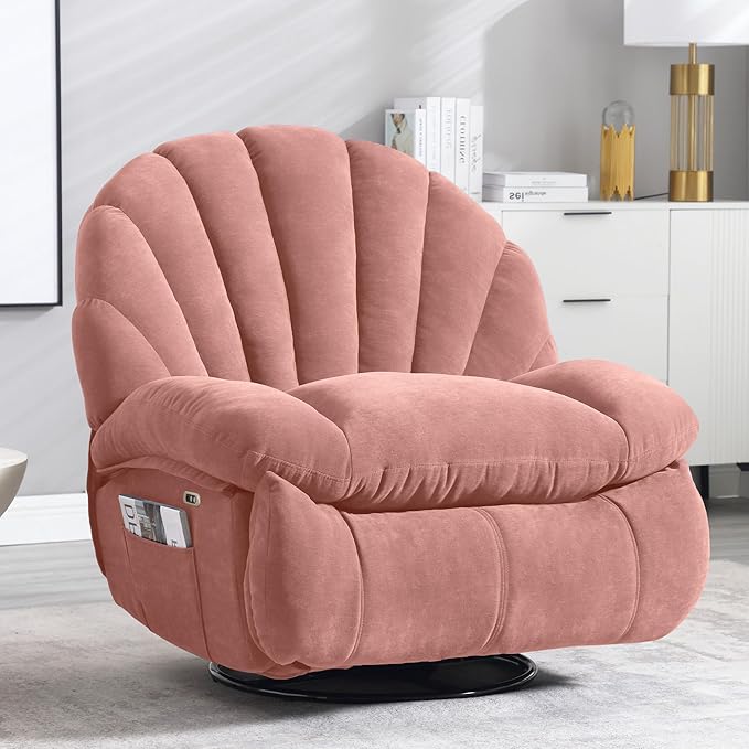 Power Recliner Chair Swivel Comfortable Soft Fabric Shell Shape with Storage 360 Swivel Electric Big Tall Single Reclining Sofa for Adults Living Room Bedroom (Pink)