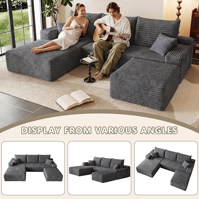 95 Modular Sectional Sofa Cloud Sectional Couch with Deep Seat Corduroy Boneless Couch with U Shaped Couch for Living Room No Assembly Required(Dark Gray Left Facing Chaise)