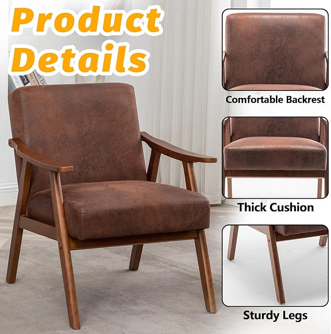 Mid Century Modern Accent Chair Upholstered Armchair Comfy with Wood Legs Siting Chair with Soft Cushion PU Leather Side Chairs for Living Room Bedroom Office (Microfiber Light Brown)