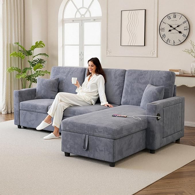 L-Shape Sleeper Sofa with Storage &amp Ports Pull-Out Couch Bed with Cup Holders Side Pockets &amp Side Table for Living Room Apartment Grey