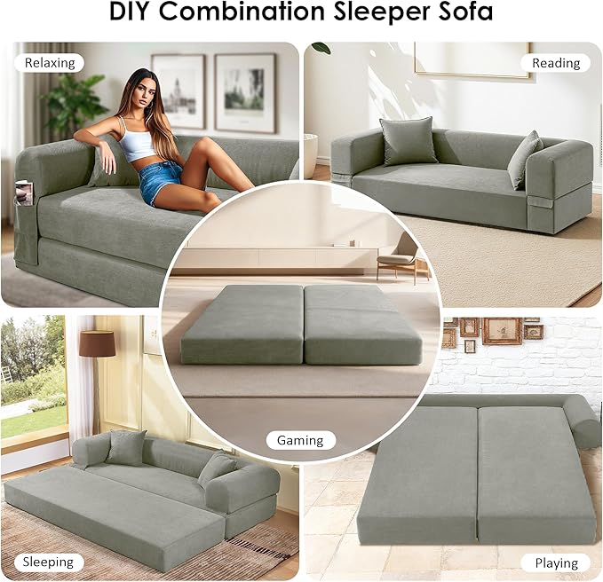 80 Convertible Sofa Bed No Assembly Modern Boneless Compression Sofa in Box 3-in-1 Corduroy Folding Pull Out Couch with Pillows Floor Couch with Side Storage Pocket for Living RoomLight Grey