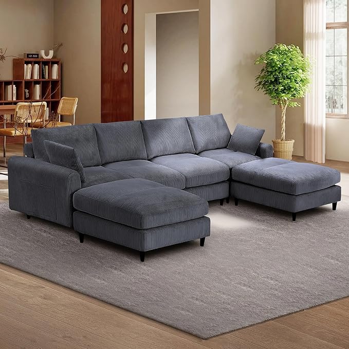 Yoglad 121.65'' U Shaped Modular Sectional Sofa Cozy Oversized Corduroy Couch with Dual-Sided Storage 6-Seater Sofa with Ottomans for Living Room Bedroom Apartment Office (Grey)