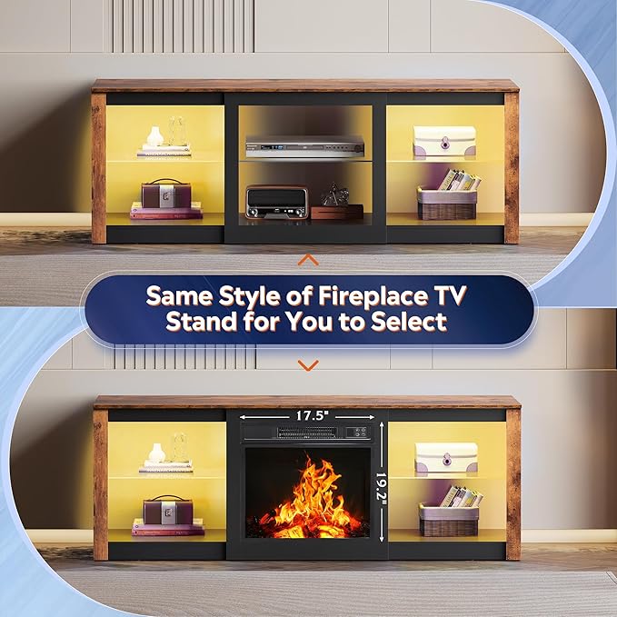 WLIVE Modern LED TV Stand for 65 70 Inch TV 58 Entertainment Center with Adjustable Glass Shelves &amp RGB Lights Wood Media Console Table for Living Room Bedroom Gaming Room Rustic Brown