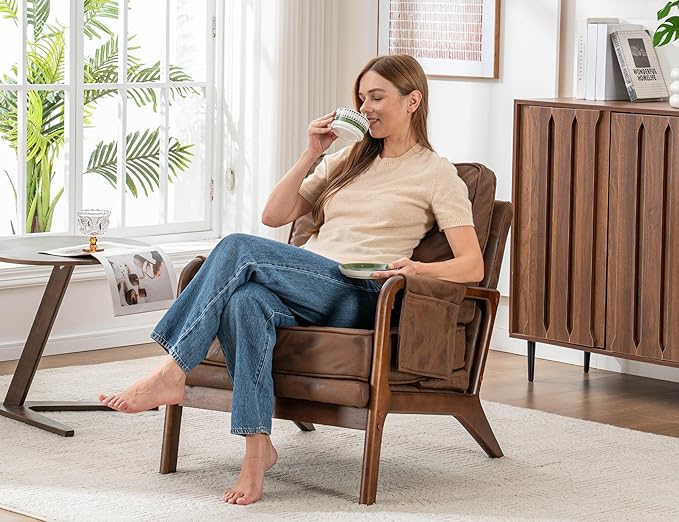 Mid Century Modern Accent Chair with Triangular Raising PadUpholstered Armchair with Solid Wood Frame &amp Soft Cushion for Living RoomBedroomBelconySunroomBrown