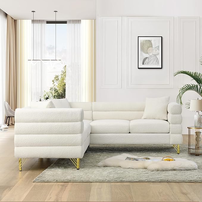 Comfy Boucle L Shaped Sofa 81.5 Oversized Sectional Couch with Deep Seated Design Upholstered Corner Sofa Couch with 3 Pillows Modern Couches for Living Room Apartment Waiting Room White Teddy