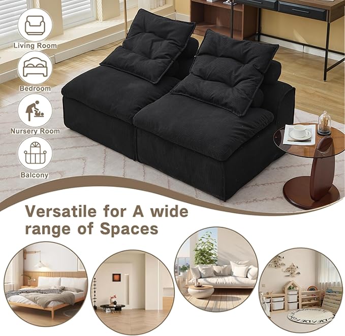 2 Seats Modular Sectional Couches with Neck Pillow &amp Backrest Corduroy Armless Upholstered Loveseat Sofa Chair for Living Room Apartment At Will DIY (Black)