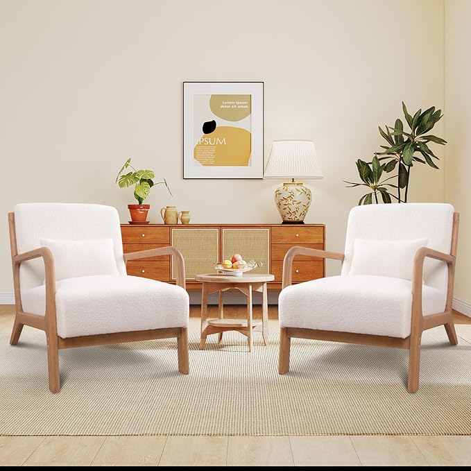 ANJ Mid Century Modern Accent Chair Set of 2 Single Boucle Lounge Reading Armchair with Solid Wood Frame Easy Assembly Arm Chairs for Living Room White