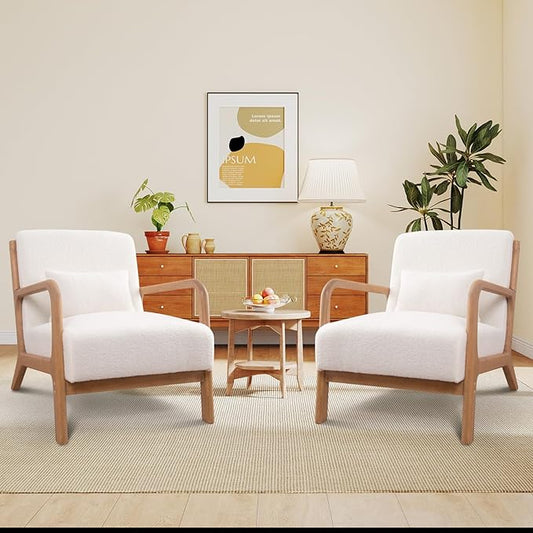 ANJ Mid Century Modern Accent Chair Set of 2 Single Boucle Lounge Reading Armchair with Solid Wood Frame Easy Assembly Arm Chairs for Living Room White