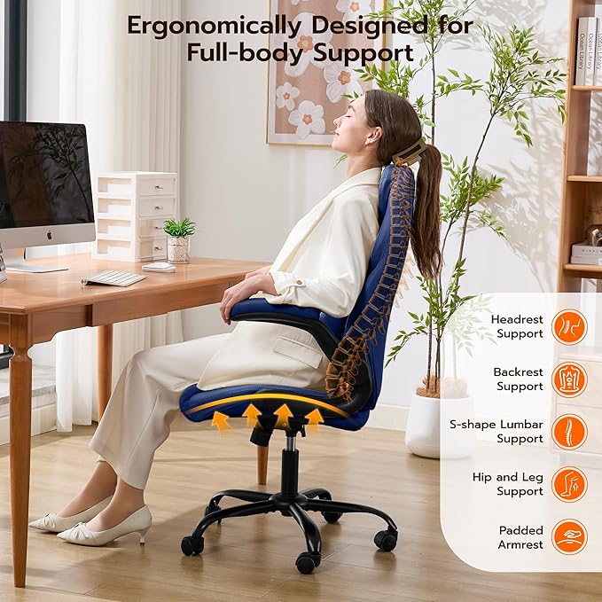 Office Desk Chair Ergonomic Computer Chair with Padded Flip-Up Arms and Adjustable Lumbar Support PU Leather Executive Chair with Tilt Lock and 360° Swivel Rolling Wheels for Work Study