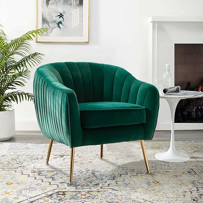 Velvet Accent Chair Modern Barrel Arm Chair with Golden Finished Metal Legs for Living Room and Bedroom Christmas Green