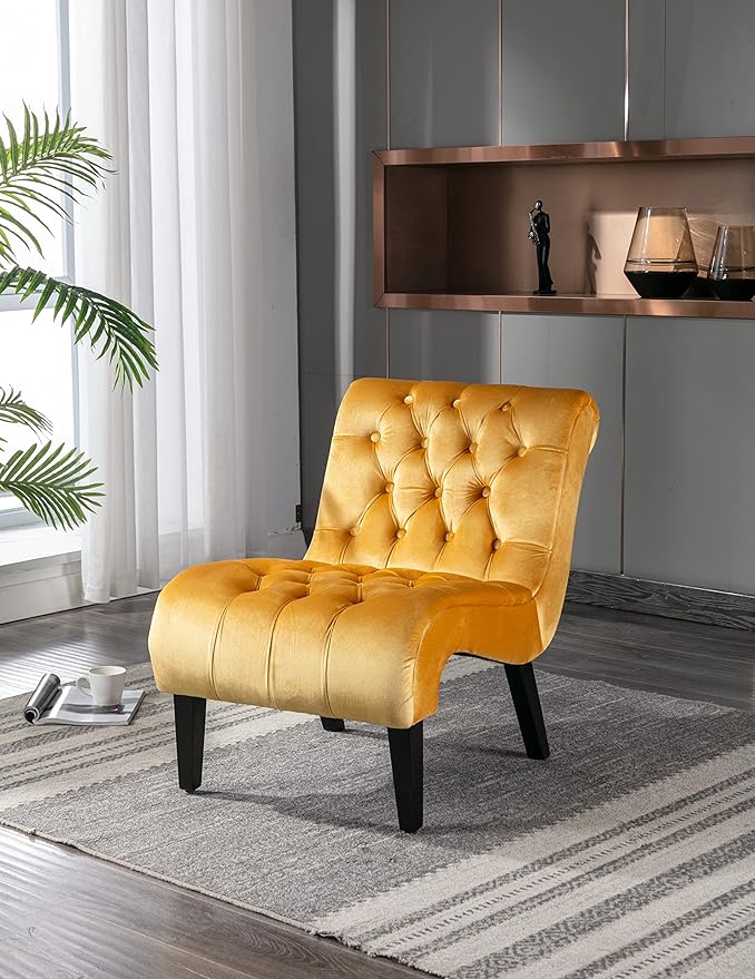 Modern Armless Living Room Chair/Leisure ChairUpholstered Fabric Button Comfortable Chair with Wooden Legs for Bedroom Living Room Office (Mustard)